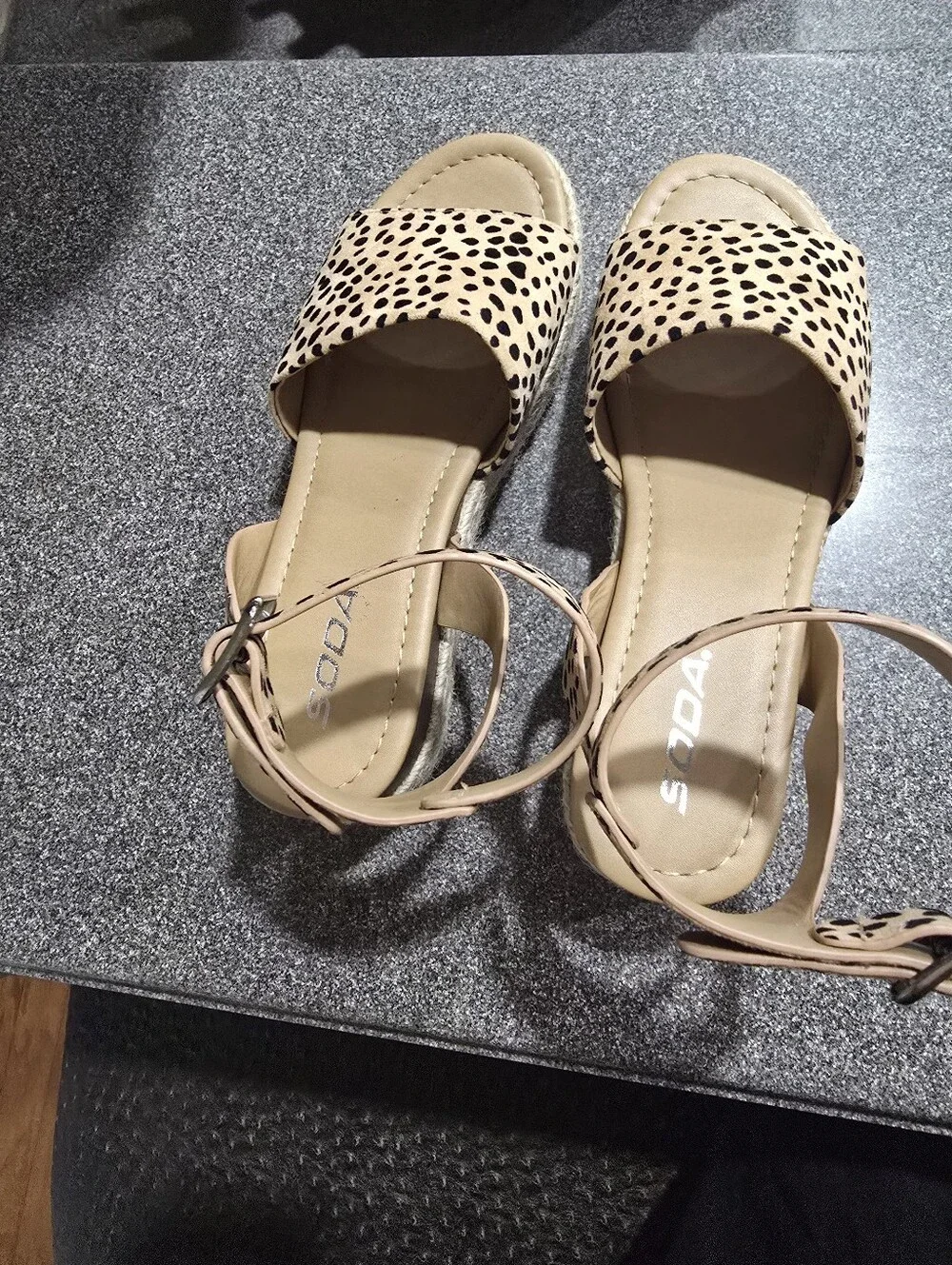 SODA Leopard Print Espadrille Platform Strap Sandals - Beige/Black